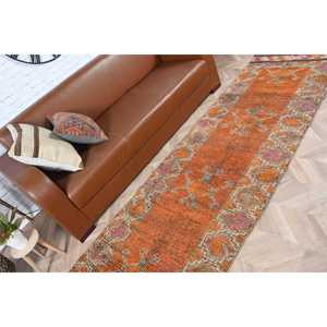 พรมวินเทจตุรกีขนาด 3x10.9 ฟุต, พรมปูพื้น, พรมลายทางสีส้ม Herki - Product Image 4