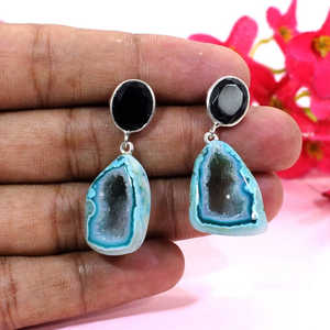 925 Sterling Silver <b>Fine</b> Cuff <b>Earrings</b> with Black Onyx and Blue Aura Druzy <b>Dangles</b> Elegant Onyx Druzy Jewelry - Product Image 3