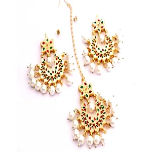 Ensemble de bijoux fins plaqués or 24 carats Kundan, collier crème avec boucles d'oreilles et Maang Tikka pour cadeau de mariage - Product Image 4