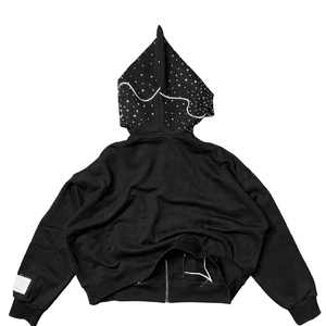 Custom Distressed Patch Embroidery Vintage Aged Applique Stitching 500gsm 100% Cotton Winter Men Hooded Rhinestone Hoodie - Product Image 2