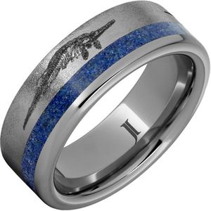 Rugged <b>Tungsten</b> Ring Cultural Collectible Jewelry with Lapis Inlay Prehistoric Sea Predators Engraving "Monsters Deep" Design - Product Image 1