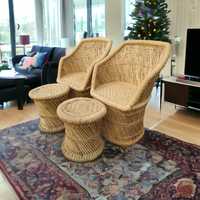 Ensemble de 2 chaises modulaires en rotin et bambou faites à la main de qualité supérieure avec 2 tabourets ottomanes pour salle à manger, villas, appartements, ateliers