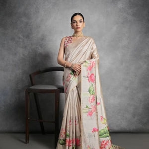 Collection de saris en soie Tussar doux imprimés floraux Sarees de créateur légers tissés à la main avec des impressions numériques et en blocs - Product Image 1