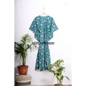 Free Size Floral Print Cotton <b>Kaftan</b> Dress for Women Light <b>Summer</b> Beach Party Women's Eco-Friendly Midi V-neck Dress - Product Image 3