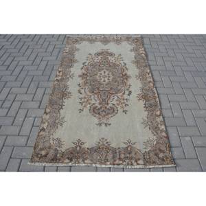 Tapis traditionnel en laine marron beige 3.7x6.6 pieds fait à la main Vintage turc Rectangle Patchwork Design Latex pour adolescents tapis de chevet - Product Image 1