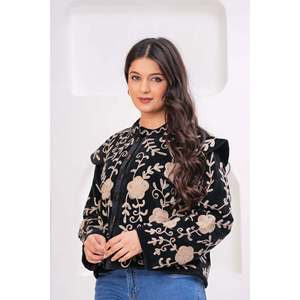 Black White Floral <b>Quilted</b> Woven Full Sleeve Ruffled Collar Ladies Reversible Outerwear Blazer <b>Pattern</b> Bomber Varsity Style - Product Image 4