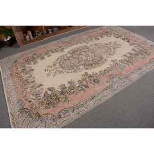 พรมตุรกีวินเทจคลาสสิกสีเบจสีชมพู5.5 x ขนแกะเป็นมิตรกับสิ่งแวดล้อมกองขนาดกลางทอลายปริศนาสี่เหลี่ยมผืนผ้าห้องรับประทานอาหาร - Product Image 5