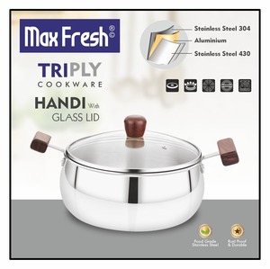 Maxfresh Triply Handi avec couvercle en verre Design éthique Manche en bois pour une meilleure prise en main Technologie de batterie de cuisine Triply Produit de qualité supérieure - Product Image 2