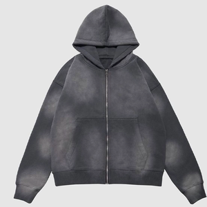 El más nuevo diseño recortado Sudadera con capucha desgastada Unisex algodón bajo Moq borde crudo Puff impresión piedra lavada sudaderas con capucha - Product Image 3
