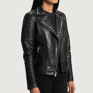 Women's Genuine Sheepskin Leather Biker Style Motorbike Jacket Winter Windproof Studded Notch Collar Black Breathable Motorcycle - Product Image 2