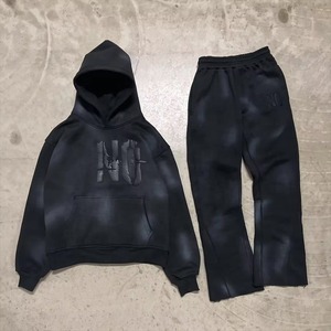 Ensemble jogging vintage personnalisé imprimé bouffant survêtements délavés à l'acide ensemble pantalon de survêtement évasé à jambe droite et sweat à capuche baggy survêtements pour hommes - Product Image 2