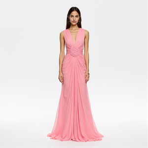 Gaun Pesta Elegan Wanita 2026, Gaun Malam Elegan, Gaun Maxi Bertingkat Ruffle Tanpa Lengan Warna Pink Muda - Product Image 1