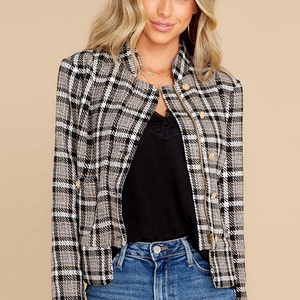 OEM personalizado trajes de moda y Blazer conjunto de las mujeres Casual elegante Plaid <span class=keywords><strong>Tweed</strong></span> blazer mujeres chaqueta y pantalones de pierna ancha conjunto de 2 <span class=keywords><strong>piezas</strong></span> - Product Image 3