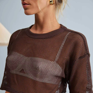 LOGO Sommer Sexy Boxy Style Einfarbig Mesh Cropped Tee Kurzarm Mesh T-Shirt Frauen Durchsichtig - Product Image 1