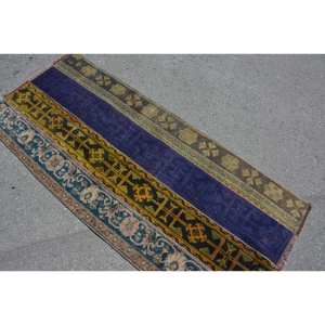 Tapis en laine Patchwork bleu brun traditionnel élevé 2.7 X 6.1ft fait à la main Vintage turc pour Boho chambre Rectangle couloir Latex - Product Image 4