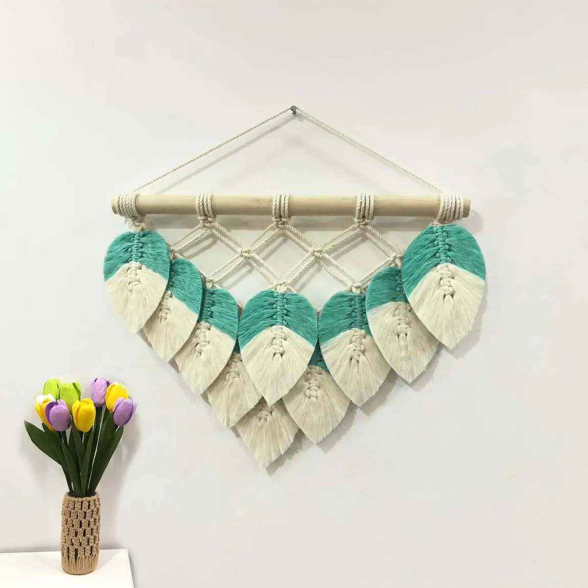 cyan white macrame leaf hanging wall decor and home decor wall item