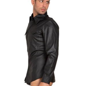 Leatherette Fitted <b>Long</b> Sleeve Shirt <b>Black</b> Mens Faux Leather Slim Fit Button Down Fetish <b>Top</b> - Product Image 2