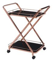 Chariot de service d'hôtel moderne en métal à trois niveaux, avec plateaux en verre transparent et roulettes pivotantes pour un déplacement fluide, idéal pour le salon