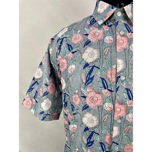 เสื้อเชิ้ตชายหาดผ้าฝ้ายแท้สำหรับผู้ชาย ลายพิมพ์บล็อกสีสันสดใส ใส่สบาย เหมาะสำหรับปิกนิกในสวน ของขวัญสำหรับคุณพ่อคนเมือง ผ้าป๊อปลินสีเทา - Product Image 3