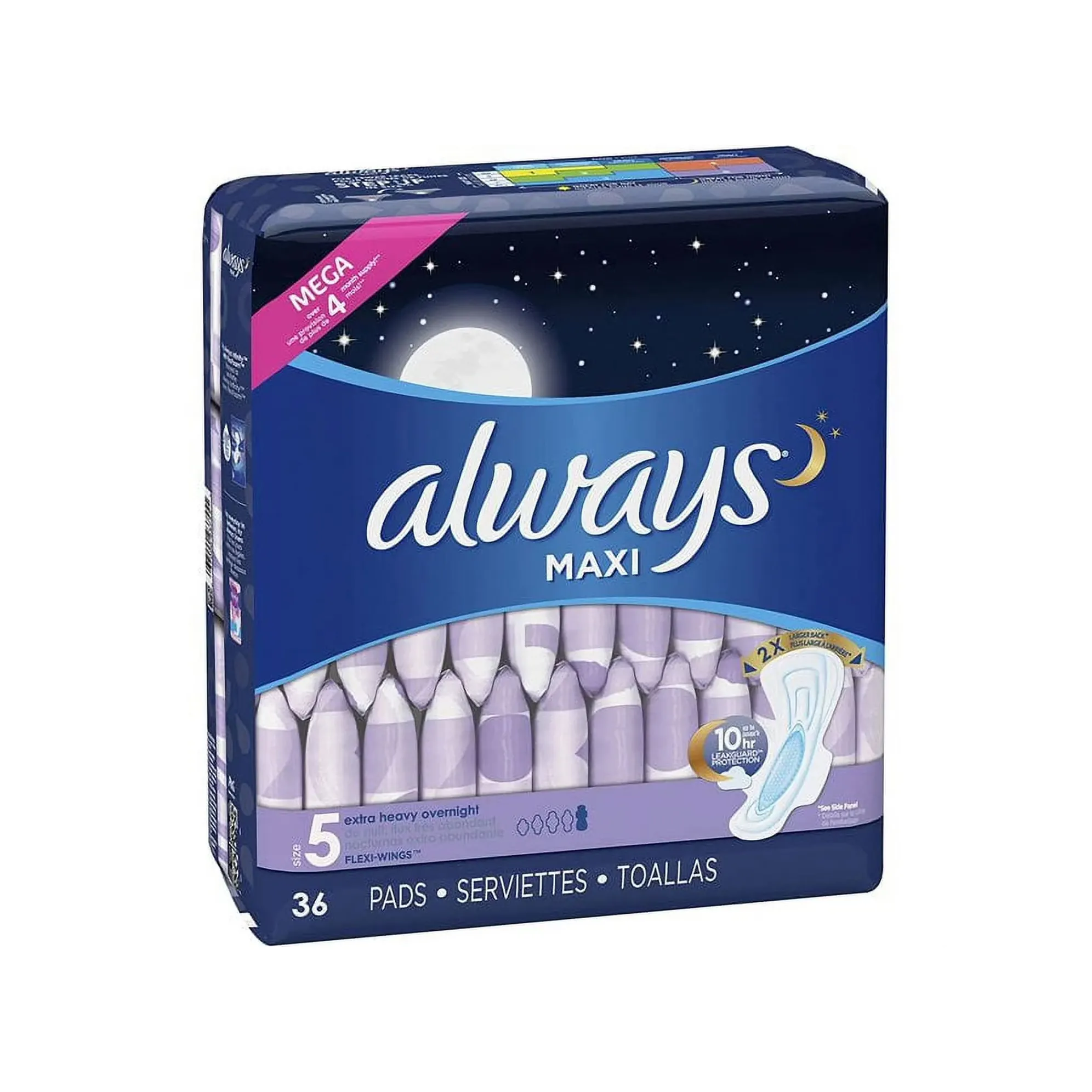 Always Maxi Overnight Pads con alas, tamaño 5-36 Count Pack Para protección extra pesada durante la noche