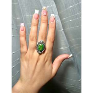 Navajo Made <b>Statement</b> Boho <b>Ring</b> Sonoran Gold Turquoise & Sterling <b>Silver</b> with Bezel Setting Size 8 Everyday Wear Gemstone <b>Ring</b> - Product Image 5