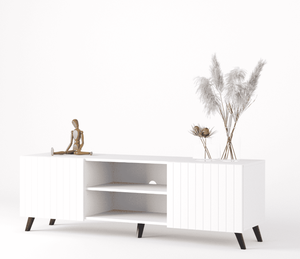 <span class=keywords><strong>Grand</strong></span> <span class=keywords><strong>meuble</strong></span> <span class=keywords><strong>TV</strong></span> moderne blanc mat avec portes à lattes et étagère ouverte <span class=keywords><strong>Meuble</strong></span> de rangement pour médias de <span class=keywords><strong>salon</strong></span> contemporain - Product Image 2