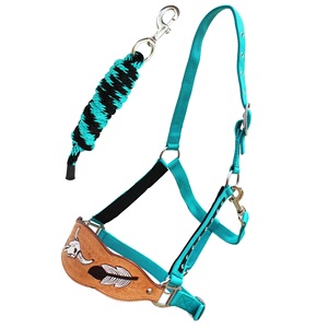 Venta al por mayor Horse Noseband Tack Bronc Cuero tallado a mano Nylon HALTER Tiedown Cuerda de plomo Inglés Saddle Halters DE LA India - Product Image 2