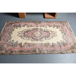 Tapis turc vintage de grande surface de 3.7x6.7 pieds, motif rectangle classique, motif abstrait patchwork, tapis de chambre en latex de laine beige rose - Product Image 3