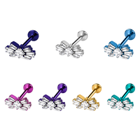 Anting-anting stud labret titanium ASTM F136 warna-warni bermotif bunga, bagian belakang datar, dengan CZ, hipoalergenik untuk perhiasan tindik.