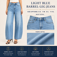 Jean pour femme coupe baril bleu clair, en denim délavé doux, pantalon décontracté, vente en gros sous marque privée pour les boutiques européennes et américaines