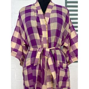 Vintage Boho Summer Open Jacket Recycled Pure Cotton Tie-Dye Woven Style Print Beige Purple Check for <b>Beach</b> Coverup House <b>Robe</b> - Product Image 2