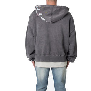 Fabricante personalizado lavado ácido hombres recortada pulóver Sudadera con capucha de lana de algodón sin cuerdas crudo dobladillo cremallera Winterized impresión personalizada - Product Image 5