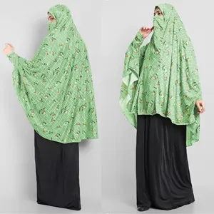 Bunga Fusion Islamic trendi hijau Abaya Khimar di kain merenggang-tekstur kain lembut & pola berani