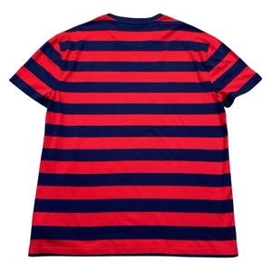 Camiseta de manga corta de algodón puro con cuello redondo y bolsillo en el pecho a rayas azules y rojas para hombre - Product Image 2