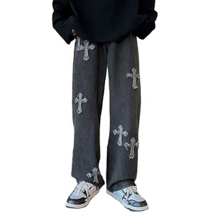 Pantalones vaqueros cruzados deshilachados de media calle con revestimiento personalizado para hombre, pantalones vaqueros desgastados retro de estilo hip hop informales al por mayor con logotipo en la cintura - Product Image 2