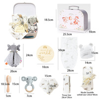Ensemble cadeau d'anniversaire 9 pièces/set : Éléphant en peluche, coussin, brosse à cheveux, hochet de dentition, couverture en mousseline pour bébé, coffret de voyage
