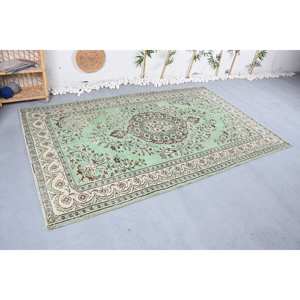 Tapis turc vintage, écologique, poil moyen, grande surface, 5,2 x 8,2 pieds, design classique vert beige patchwork, fait main, laine, latex - Product Image 3