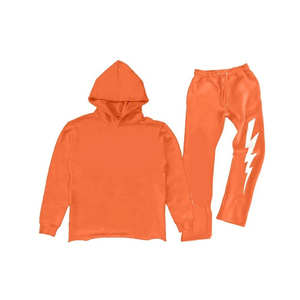 Custom Flared Unique Design OEM Plain <b>Orange</b> Training <b>Hoodies</b> Fashionable Stripes Pant Set Factory Made Unique Tracksuit - Product Image 4