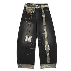 Wholesale High Street Hip Hop Patchwork Mid Waist Wide Leg Pants Washed <b>Denim</b> <b>Trousers</b> Ripped Holes Male Men's Distressed Jeans - Product Image 6