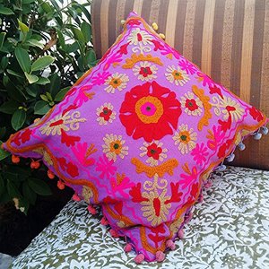Vintage Indian Wool Thread Embroidery Suzani Cushion <b>Cover</b> Floral Festival Home Decor Hand Woven Western Style Eco-Friendly - Product Image 2