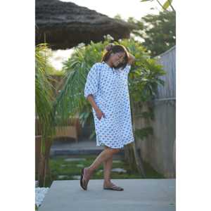 Robe longue élégante Fintastic en coton et lin brodée et imprimée au bloc, avec poches, bleu marine, taille unique, boutique - Product Image 5