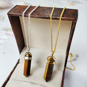 Collar con colgante de piedra preciosa de ojo de tigre, 30x8mm, lápiz de piedras preciosas de doble punto, dorado, Plata de Ley 925 - Product Image 3