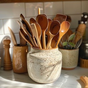 Porte-ustensiles en céramique artisanal, organisateur de comptoir de cuisine rustique, pot en crock émaillé durable pour cuillères, spatules et outils - Product Image 1