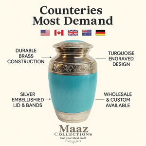 Urne de crémation en laiton floral turquoise et argent de style américain fabriqué à la main Urne funéraire commémorative de taille adulte pour les cendres humaines - Product Image 2