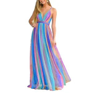 Robe arc-en-ciel en mousseline de soie pour femmes Deep V Sexy Backless Swing Maxi Long Dress Spaghetti Strap Sundress