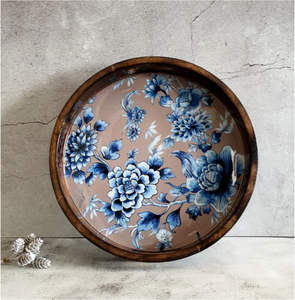 Handmade Wooden Serving <b>Tray</b> <b>with</b> Floral Print Round Enamel Coating Glossy Look Decorative Floral Printed Serving <b>Tray</b> <b>Handle</b> - Product Image 2
