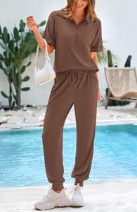 Sudadera de verano con media cremallera para mujer, conjuntos de pantalones de chándal para correr, trajes de 2 piezas, chándal de manga corta con cuello levantado, chándal de salón - Product Image 3