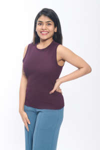 Camiseta sin mangas acanalada de nueva tendencia para mujer, mezcla de poliéster de Color vino, cuello redondo, punto elástico, personalizable de alta calidad - Product Image 4