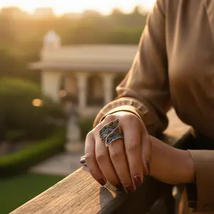 <b>Silver</b> Wing <b>Statement</b> <b>Ring</b> for Women Fashionable 18K Gold Plated Inlaid with Black Gemstones Trendy <b>Ring</b> Style - Product Image 3