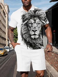 ชุดวอร์ม2ชิ้นกางเกงขาสั้นแขนสั้นสำหรับผู้ชายชุดเล่นกอล์ฟเสื้อโปโลลายทางซิป1/4 - Product Image 3